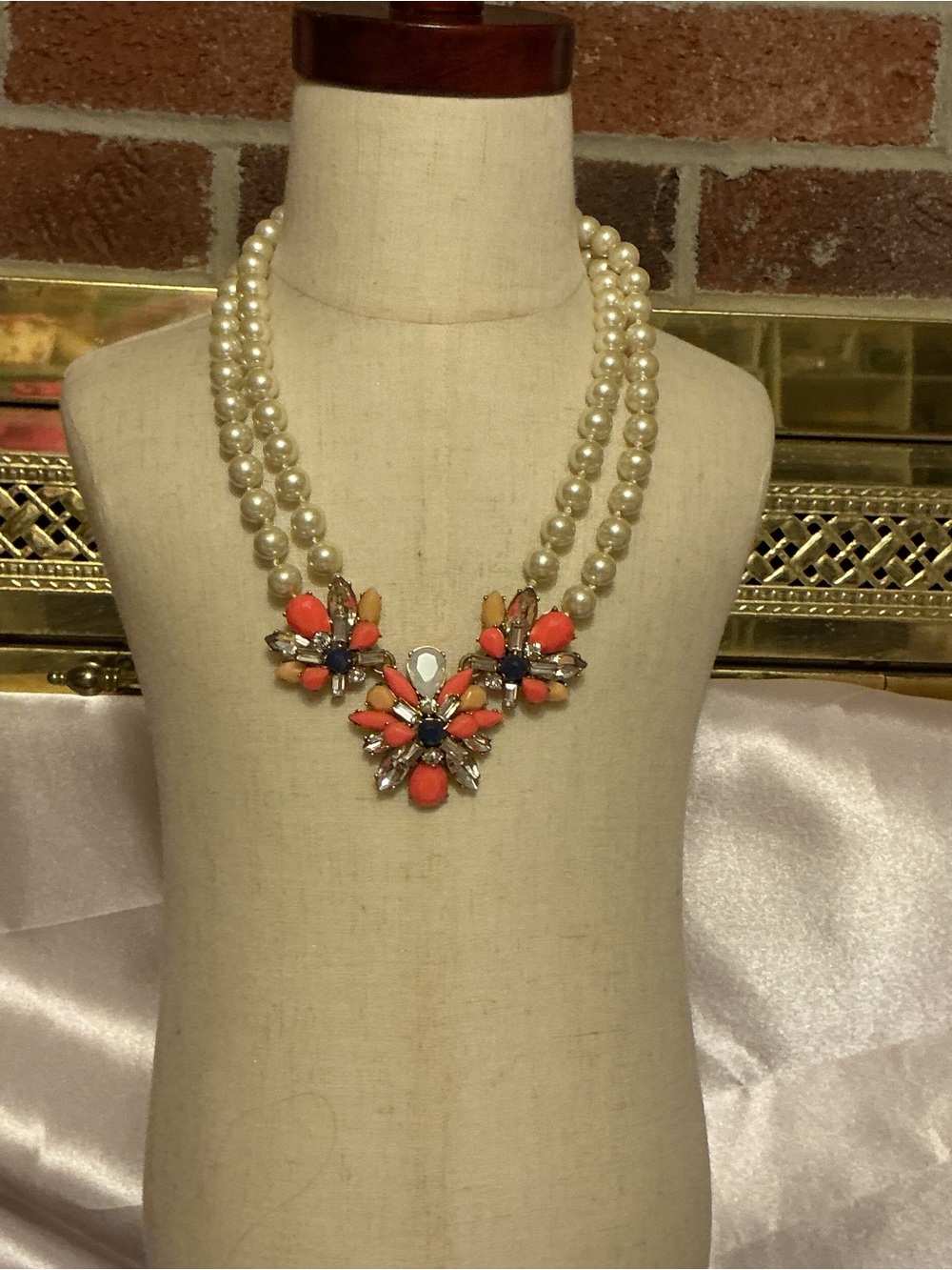J. Crew Pearl Double-Strand Necklace with Coral and Navy Floral Clusters